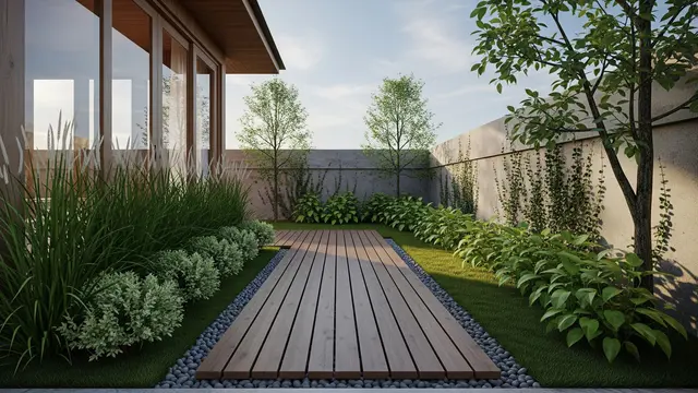 Kebun Rumah dengan Tanaman dan Kayu yang Bikin Suasana Sejuk