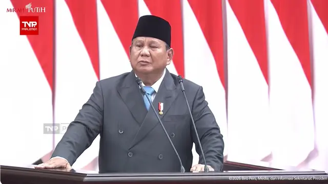 Presiden Prabowo Subianto dalam pidato perdana pada Rapat Paripurna DPR ke-19 Masa Persidangan V Tahun Sidang 2025-2026 di Gedung Nusantara MPR/DPR/DPD, Jakarta, Rabu (20/5/2026).