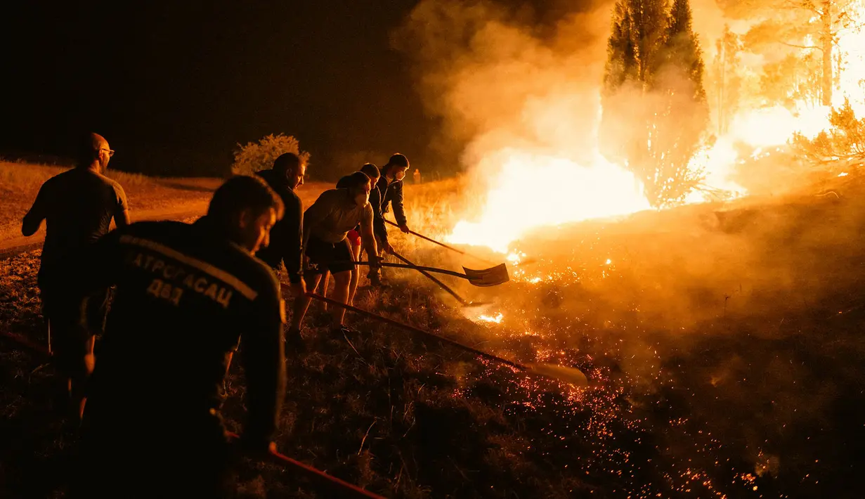 Warga setempat dan petugas pemadam kebakaran berjuang memadamkan kebakaran hutan di Deliblatska Pescara (Deliblato Sands), dekat desa Dubovac, sekitar 70 kilometer di timur laut Beograd, Serbia, Minggu, 9 Agustus 2026. (AFP/  Uros Arsic )