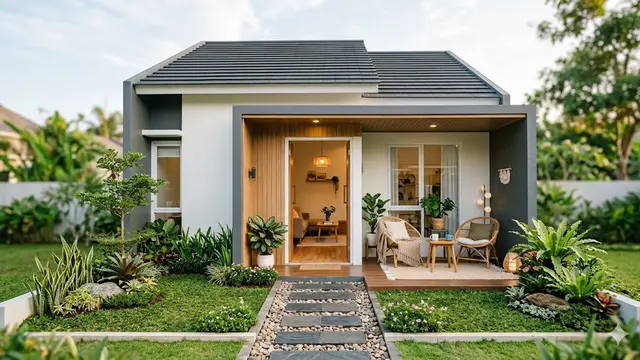 Contoh Rumah Kecil Type 36 dengan Halaman Depan dan Area Santai Keluarga