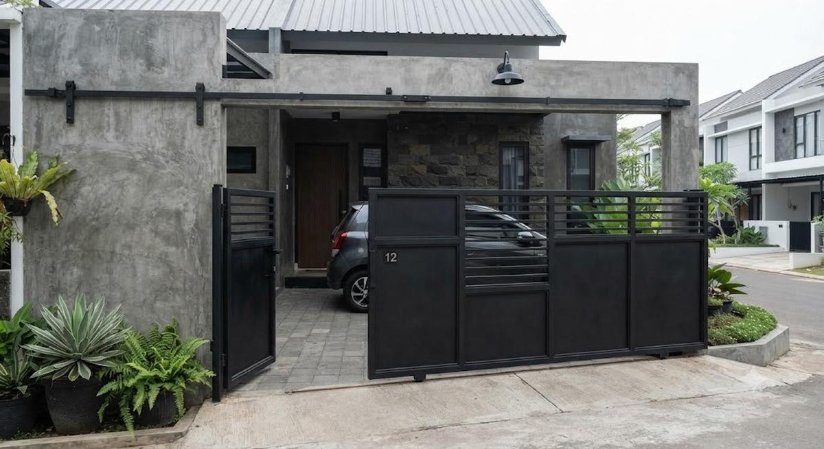 Pintu Pagar Geser Industrial Hitam Doff (AI Generated)