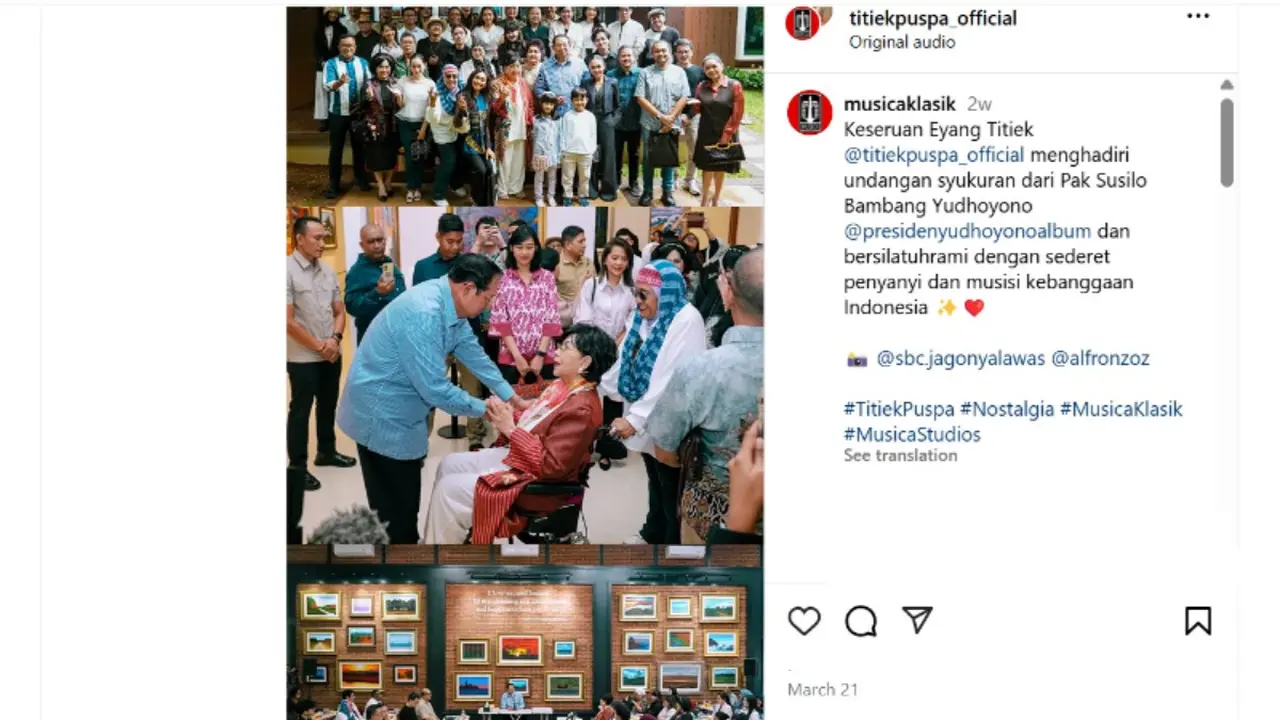 Penyanyi legendaris Tanah Air Titiek Puspa mengunggah kebersamaannya bersama Presiden ke-6 Republik Indonesia Susilo Bambang Yudhoyono (SBY).