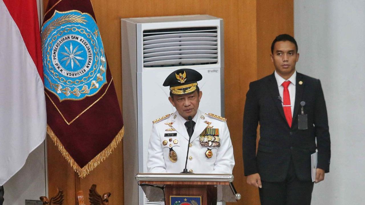 Menteri Dalam Negeri (Mendagri) Tito Karnavian memberikan sambutan saat pelantikan sembilan Penjabat (Pj) Gubernur di Kantor Kementerian Dalam Negeri, Jakarta, Selasa (5/9/2023). <br>