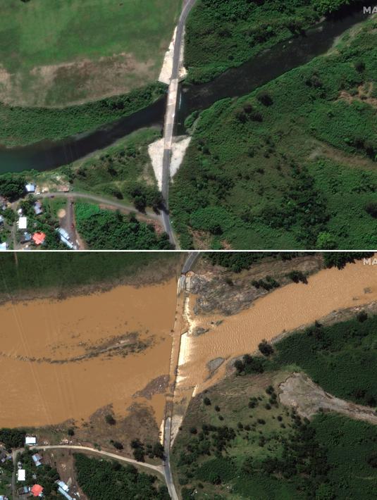 Kombinasi dua gambar satelit yang disediakan oleh Maxar Technologies ini menunjukkan di atas, pemandangan 18 Januari 2022 dari jembatan di atas Rio Grande de Arecibo sebelum melewati Badai Fiona, di Arecibo, Puerto Rico, dan foto setelah berlalunya Badai Fiona, pada Rabu, 21 September 2022. (Citra satelit © 2022 Maxar Technologies via AP)