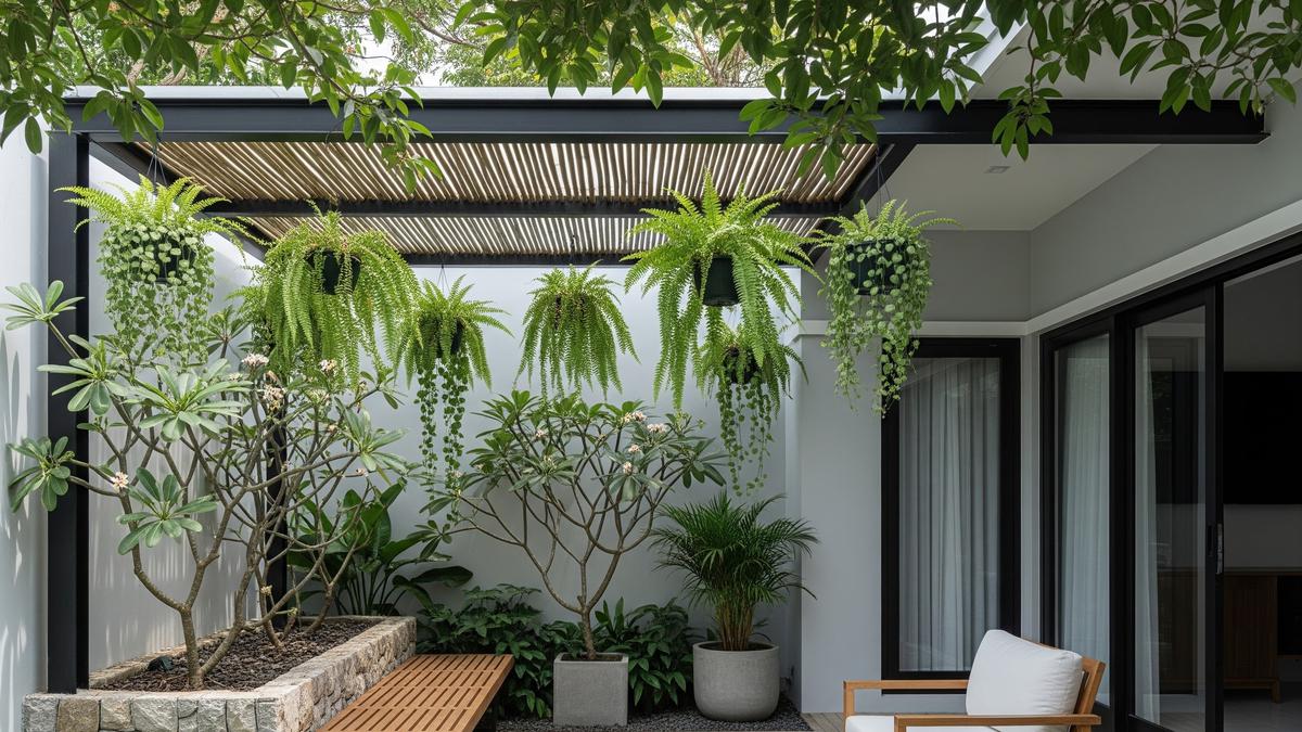 9 Ide Teras Rumah Adem dengan Kombinasi Pohon dan Tanaman Gantung, Nuansa Asri