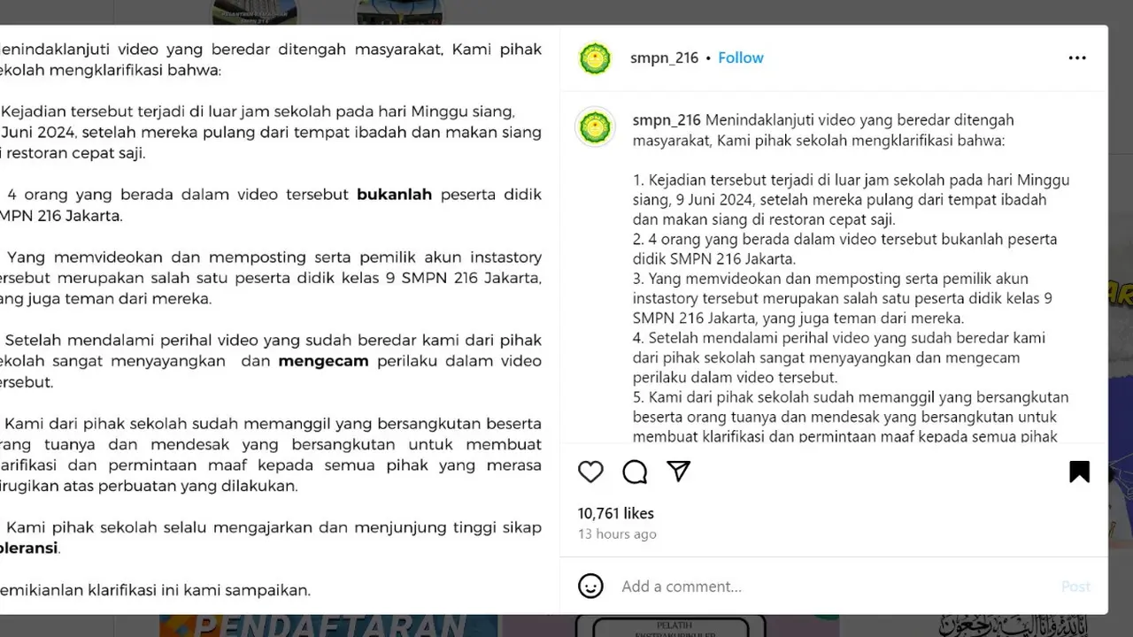 Pihak SMPN 216 Jakarta buka suara usai video viral empat remaja melontarkan candaan keji soal daging dan darah anak Palestina saat makan di sebuah restoran cepat saji yang masuk daftar boikot imbas serangan Israel ke Palestina.