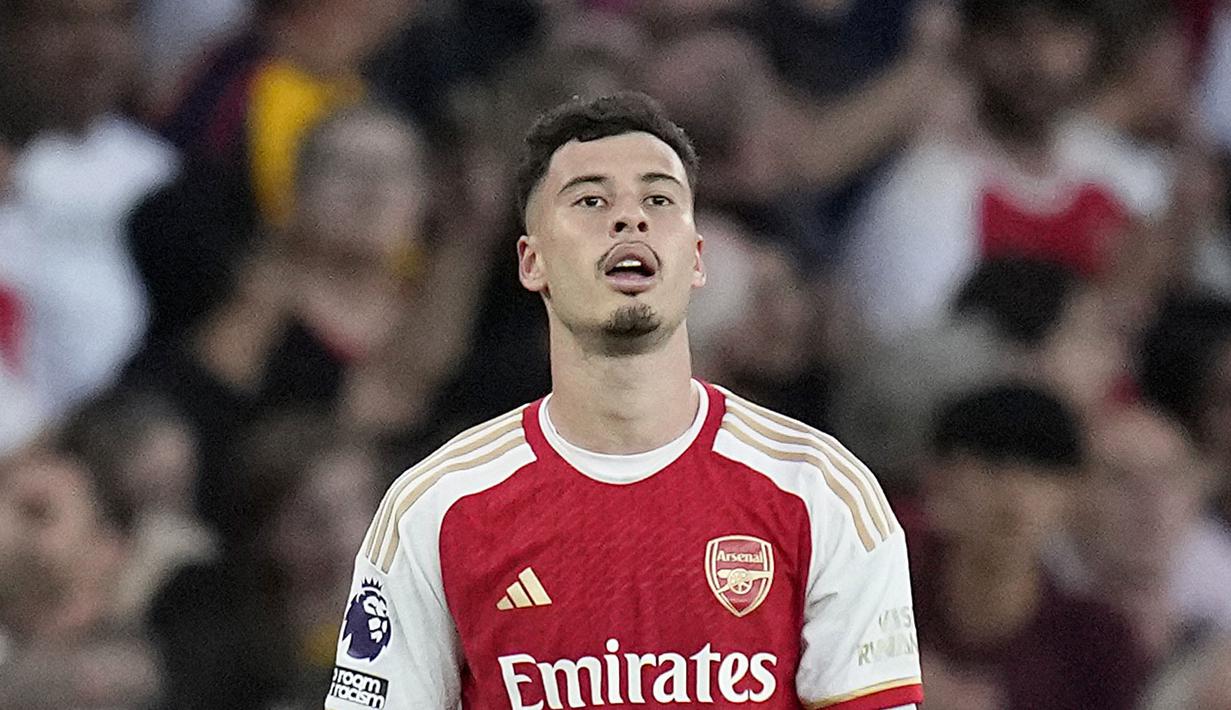 Ekspresi pemain Arsenal, Gabriel Martinelli setelah merayakan gol kemenangan timnya atas Manchester City pada laga lanjutan Liga Inggris 2023/2024 yang berlangsung di Emirates Stadium, London, Inggris, Minggu (08/10/2023) malam WIB. Kemenangan 1-0 Arsenal membawa mereka menempati posisi kedua klasemen dengan raihan 20 poin, atau hanya terpaut dua gol dari Tottenham yang berada di puncak. (AP Photo/Kirsty Wigglesworth)