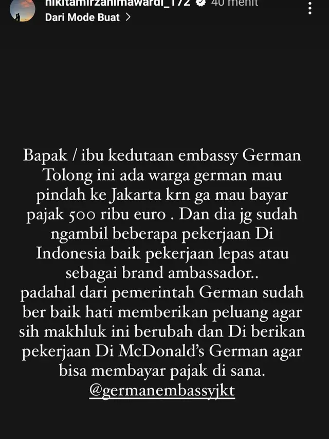 Unggahan Nikita Mirzani untuk Kedutaan Besar Jerman di Indonesia. (Foto: Dok. Instagram @nikitamirzanimawardi_172)