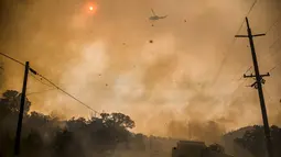  Pemadaman api juga dibantu oleh petugas pemadam kebakaran udara dengan mengerahkan Helikopter untuk membantu memadamkan api di kawasan Rocky Fire, San Francisco, California, Kamis (30/7/2015). Wilayah ini terbakar sejak rabu sore. (REUTERS/Max Whittaker)