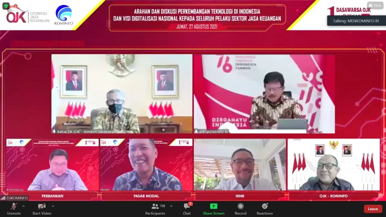 Diskusi Perkembangan Teknologi di Indonesia dan Visi Digitalisasi Nasional Kepada Pelaku Sektor Jasa Keuangan, Jumat (27/8/2021). (Dok OJK)