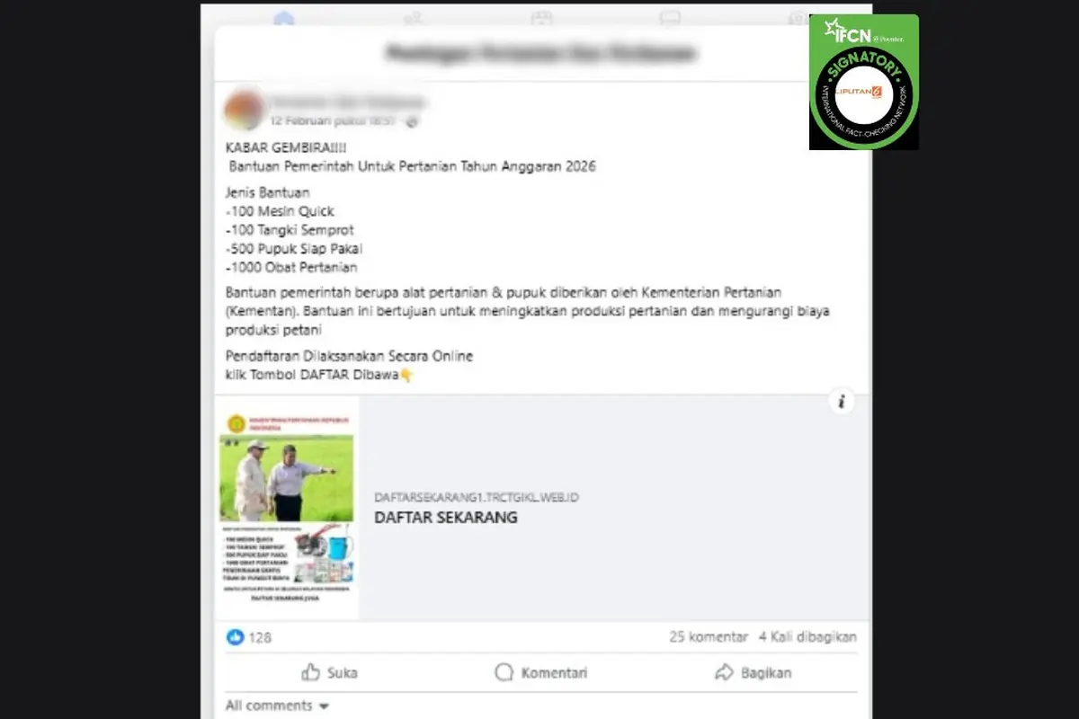Cek Fakta Liputan6.com mendapati klaim link pendaftaran bantuan alat pertanian dan pupuk dari Kementan 2026.