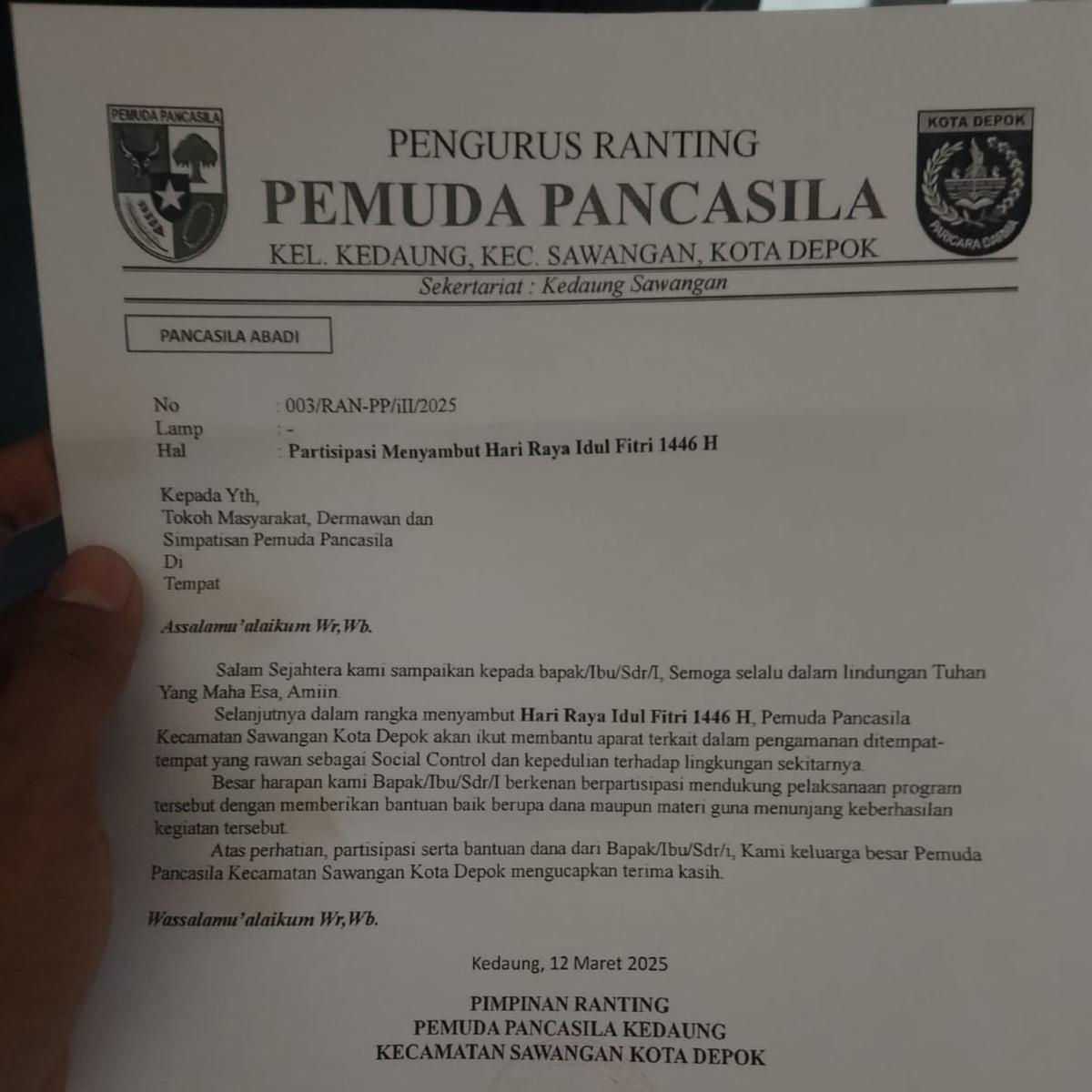 Diduga Surat Ormas Minta THR ke Pelaku Usaha di Depok