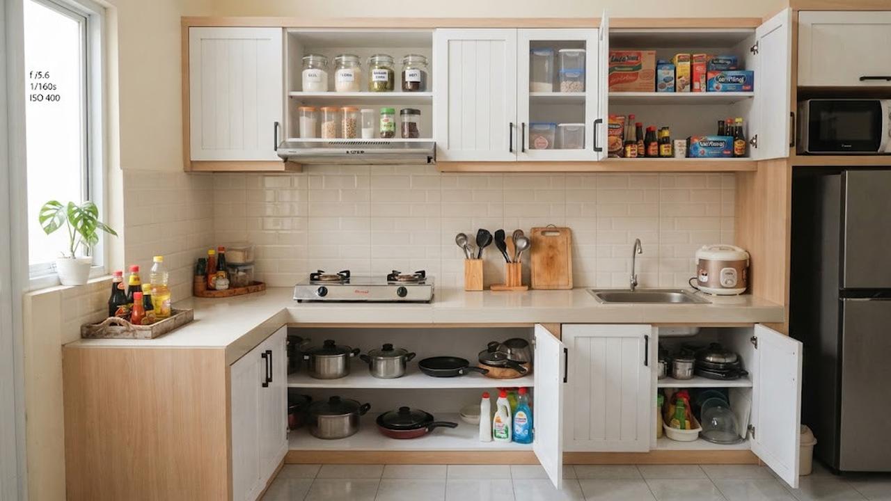 Tempat penyimpanan dapur minimalis modern yang cocok untuk rumah tipe kecil model kabinet atas