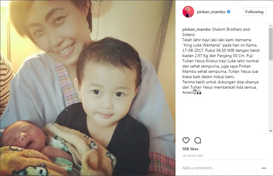 Pinkan Mambo lahirkan anak keempat (Foto: Instagram)
