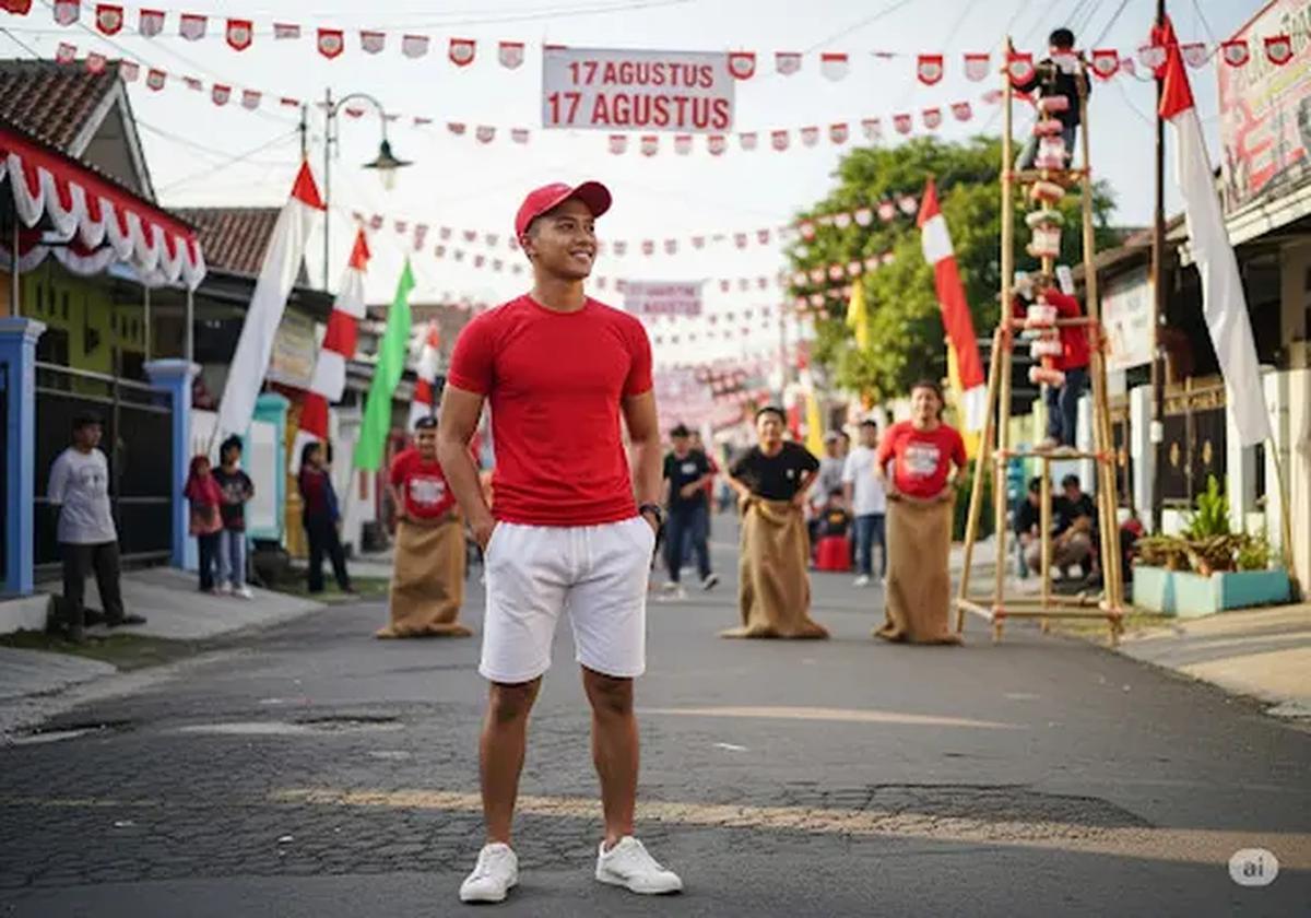 T-Shirt Merah &amp; Celana Pendek Putih Stretch/Outfit untuk Rayakan 17 Agustus (Sumber: gemini.com)