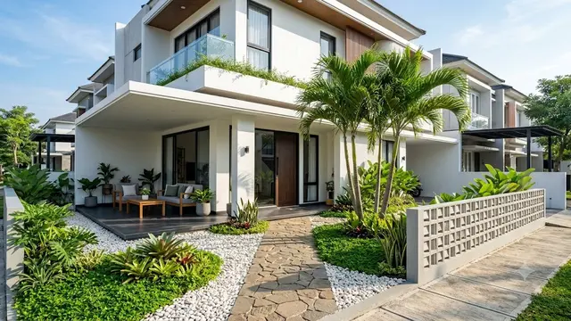 Teras Rumah Hook dengan Kombinasi Roster Beton dan Taman Mini
