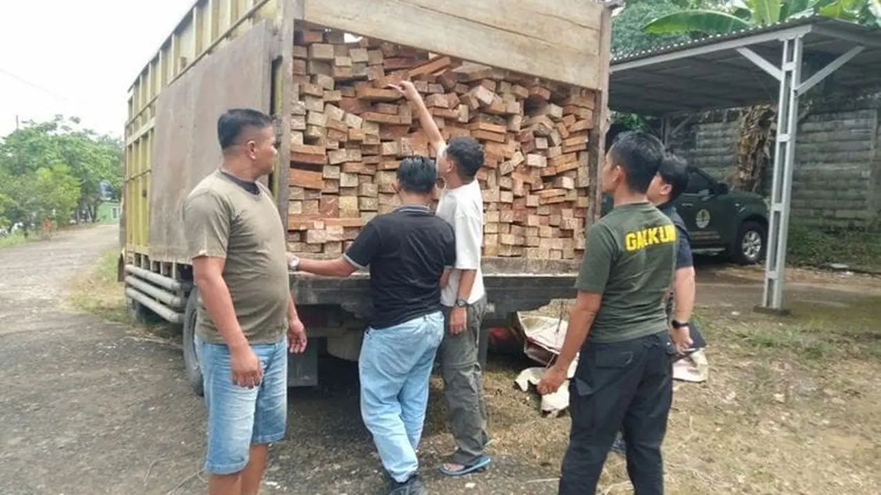 Tersangka dalam perkara dugaan pengangkutan kayu tanpa dokumen yang diduga berasal dari kawasan Taman Nasional Bukit Tigapuluh. (Istimewa)