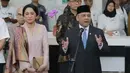Menteri Keuangan Suahasil Nazara menyampaikan keterangan kepada awak media usai dilantik Presiden Prabowo Subianto di Istana Negara, Jakarta, Senin (14/9/2026). (KLY/Budy Santoso)
