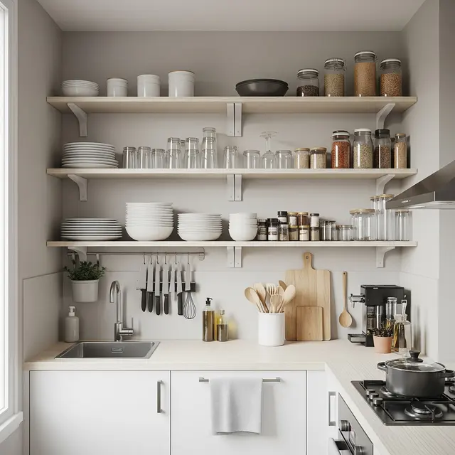 Dapur Kecil dengan Rak Terbuka dan Warna Netral (Image by Gemini AI)