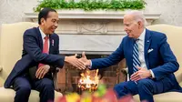 Presiden Amerika Serikat Joe Biden (kanan) bertemu dengan Presiden Indonesia Joko Widodo atau Jokowi di Ruang Oval Gedung Putih, Washington, Amerika Serikat, Senin (13/11/2023). Dalam pertemuan tersebut, Jokowi menyampaikan agar kemitraan kedua negara dapat berkontribusi terhadap perdamaian global. (AP Photo/Andrew Harnik)