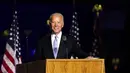 Presiden terpilih Joe Biden saat menyampaikan pidato kemenangan Pilpres AS 2020 di Wilmington, Delaware, Amerika Serikat, Sabtu (7/11/2020). Joe Biden dan Kamala Harris memenangkan Pilpres AS 2020. (AP Photo/Andrew Harnik)