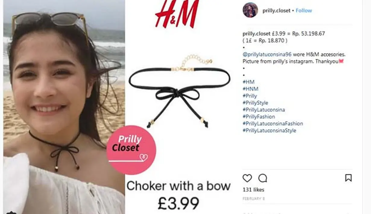 Bukan hanya busana, Prilly pun juga hobi mengoleksi aksesoris. Dan harganya juga tidak berlebiha. Seperti kalung choker yang dipakainya ini. Tertera di keterangan foto, harganya hanya Rp 53. 198. (Instagram/prilly.closet)
