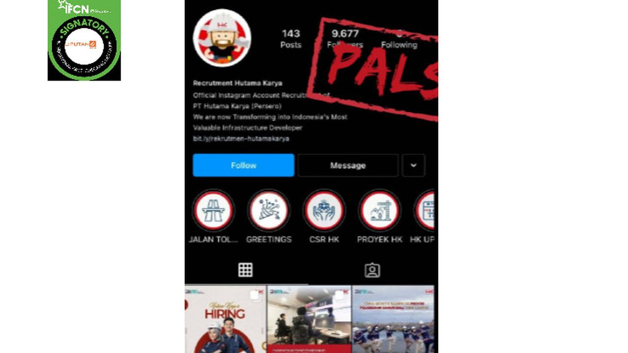 Cek Fakta Liputan6.com menelusuri akun Instagram rekrutmen karyawan Hutama Karya
