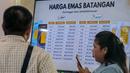 Harga emas Antam hari ini, Senin (14/4/2025), mengalami penurunan tipis. Harga emas per gram dijual Rp1.896.000 atau turun Rp 8.000 dibanding kemarin, Minggu (13/4/2025) yang berada di level Rp1.904.000 per gram. (BAY ISMOYO/AFP)