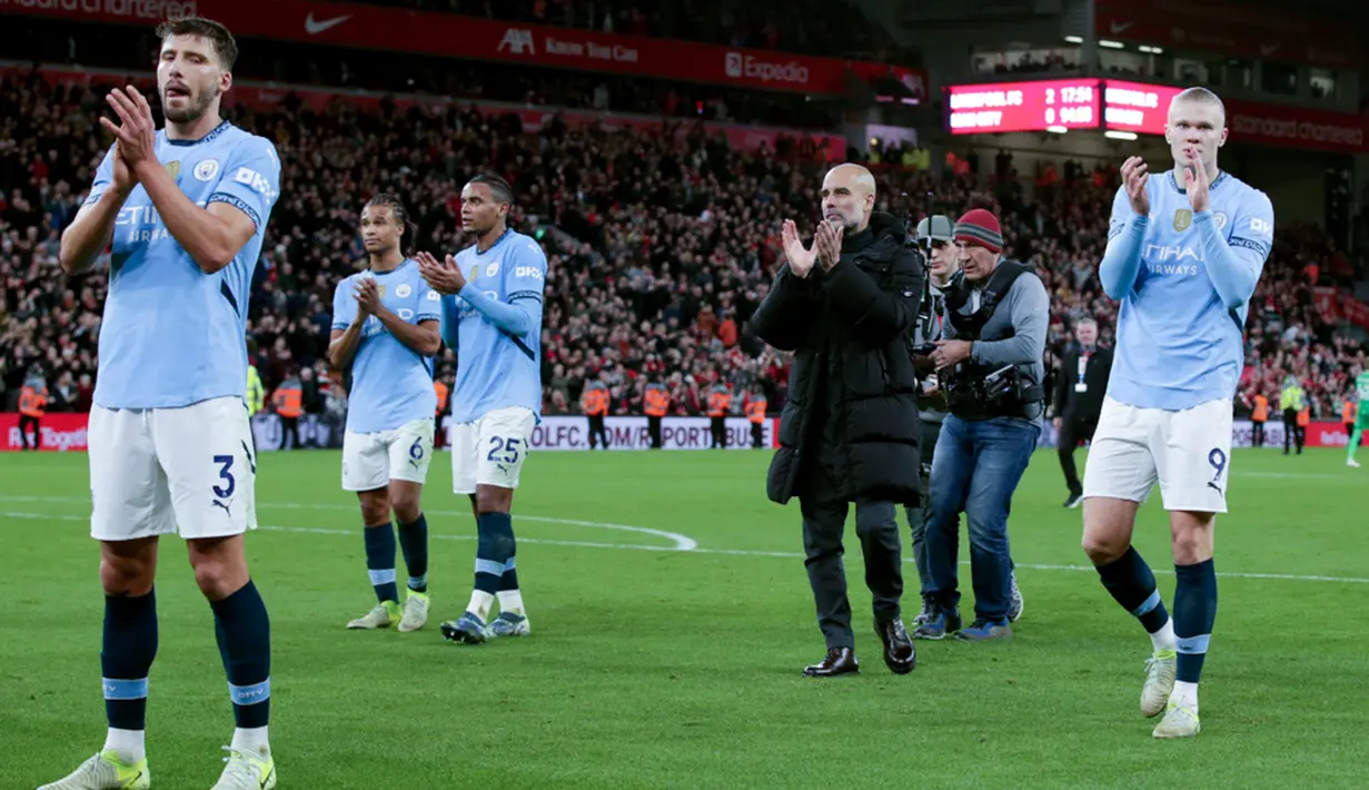 Dalam pertandingan yang digelar di Anfield, Man City kembali menelan hasil negatif usai dikalahkan oleh Liverpool dengan dua gol tanpa balas. (AP Photo/Ian Hodgson)