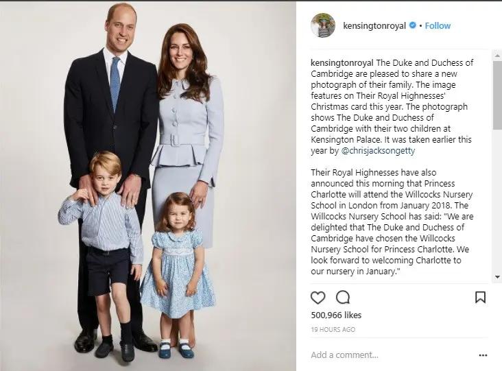 Jelang Natal, Kate Middleton dan Pangeran William membuat foto keluarga yang harmonis dan menggemaskan. (Foto: Kensingtonpalace Instagram)
