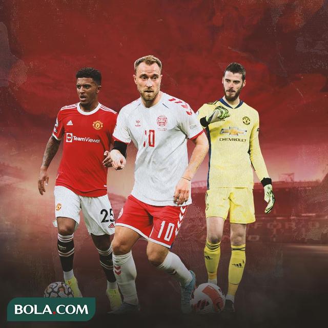 Ilustrasi - Christian Eriksen dikelilingi Jadon Sancho dan David De Gea