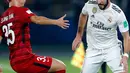 Striker Real Madrid, Karim Benzema berusaha melewati pemain Kashima Antlers, Seunghyun Jung selama semifinal Piala Dunia Antarklub 2018 di stadion Zayed Sports City, Uni Emirat Arab (19/12). Madrid menang 3-1. (AP Photo/Hassan Ammar)