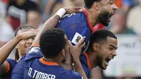 Selebrasi Memphis Depay dalam laga Lithuania vs Belanda di Kualifikasi Piala Dunia 2026 Zona Eropa, Minggu (7/9/2025).&nbsp;(AP Photo/Mindaugas Kulbis)