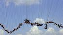 Ratusan orang bergelantung di jembatan yang memiliki ketinggian 30 meter di Hortolandia, Brasil, Minggu (10/4). Sebanyak 149 orang mencoba membuat rekor dunia dengan melompat bersama dari atas jembatan. (REUTERS/Paulo Whitaker)
