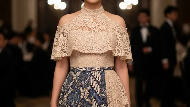 Dress Batik Kombinasi Brokat dengan Cape Lengan Pendek Halter Neck