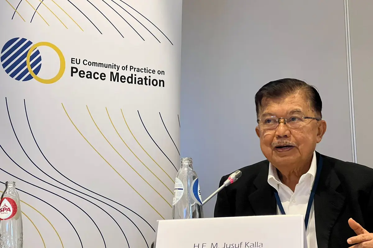 Wakil Presiden ke 10 dan 12 Indonesia, M. Jusuf Kalla (JK), di konferensi tentang perdamaian dunia pada European Resources For Mediation Support, di Kota Brussel, Belgia. (Dok Tim Jusuf Kalla)