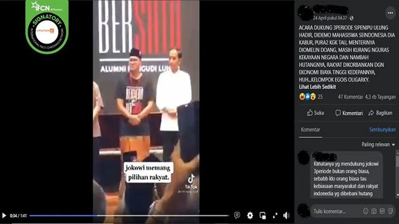 Gambar Tangkapan Layar Video yang Diklaim Acara Deklarasi Dukung Jokowi 3 Periode (sumber: Facebook).