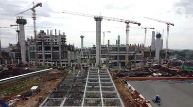 Foto udara perkembangan pembangunan Jakarta International Stadium, Jumat (23/10/2020). Hingga pekan ke-59, progres konstruksi Jakarta International Stadium sudah mencapai 31,89 persen dan ditarget akan selesai pada akhir 2021. (Liputan6.comHelmi Fithriansyah)