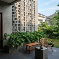 Ilustrasi Teras Roster Industrial dengan Philodendron Xanadu. Foto: AI Generated