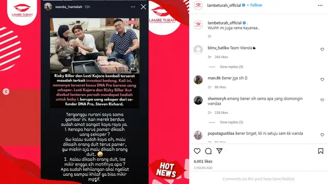 Wanda Hamidah Sindir Rizky Billar dan Lesti Kejora yang Terima Uang Rp 1 Miliar dari DNA Pro