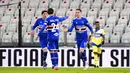 Pemain Sampdoria Andrea Conti (kanan) melakukan selebrasi usai mencetak gol ke gawang Juventus pada pertandingan sepak bola babak 16 besar Coppa Italia di Allianz Stadium, Turin, Italia, 18 Januari 2022. Juventus menang 4-1. (Marco Alpozzi/LaPresse via AP)