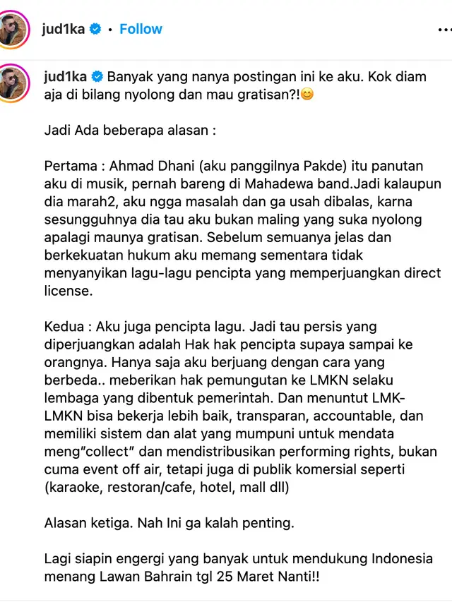 Unggahan Ahmad Dhani. (Foto: Dok. Instagram @jud1ka)