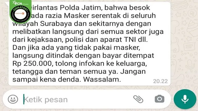 Gambar Tangkapan Layar Pesan dari Aplikasi Percakapan WhatsApp