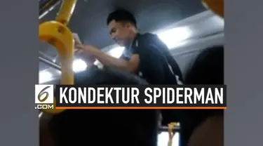 Seorang kondektur bus beraksi menyerupai spiderman untuk menarik ongkos penumpang. Aksinya ini menjadi perhatian warganet dan viral di Twitter.