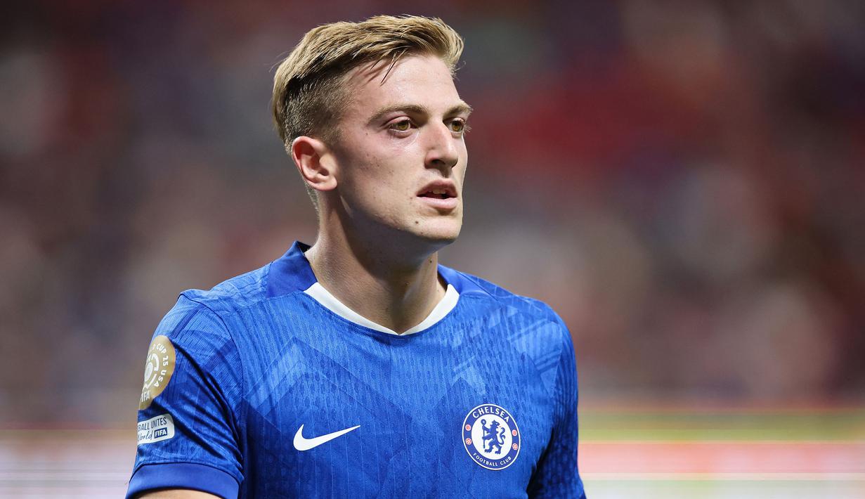 Pemain Chelsea, Liam Delap saat laga Grup D Piala Dunia Antarklub 2025 melawan LAFC di Mercedes Benz Stadium, Atlanta, Amerika Serikat, Selasa (17/06/2025) WIB. (AFP/Alex Grimm)