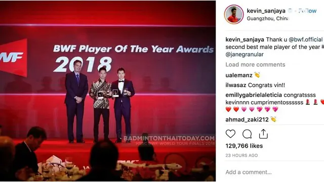Pasangan bulu tangkis ganda putra Indonesia Marcus Fernaldi Gideon/Kevin Sanjaya Sukamulyo, atau akrab disapa pasangan Minions, meraih penghargaan dunia sebagai Pemain Putra Terbaik 2018 dari IBF.