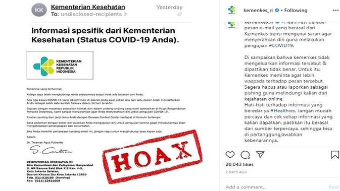 Hoaks berisi saran penyerahan diri untuk tes COVID-19 yang mengatas namakan Kemenkes (Tangkapan Layar Instagram kemenkes_ri)