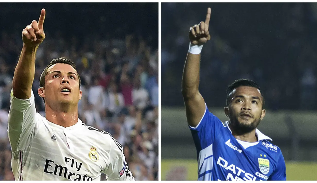 Bintang Real Madrid asal Portugal, Cristiano Ronaldo, gayanya diikuti oleh mantan bintang Persib Bandung yang kini sedang cedera, Zulham Zamrun. (AFP-Bola.com)