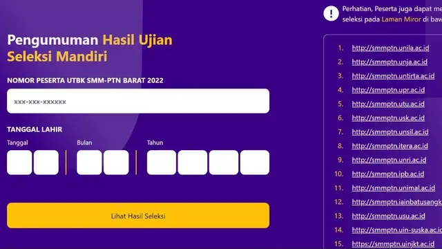 Pengumuman hasil Seleksi Mandiri Perguruan Tinggi Negeri Wilayah Barat Indonesia atau Pengumuman SMMPTN Barat 2022.