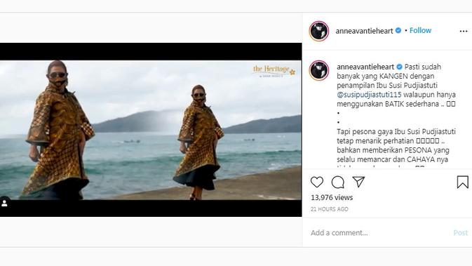 Susi Pudjiastuti mengenakan outer batik karya Anne Avantie. (dok. Instagram @anneavantieheart/https://www.instagram.com/p/CFoM32uDFbG/)